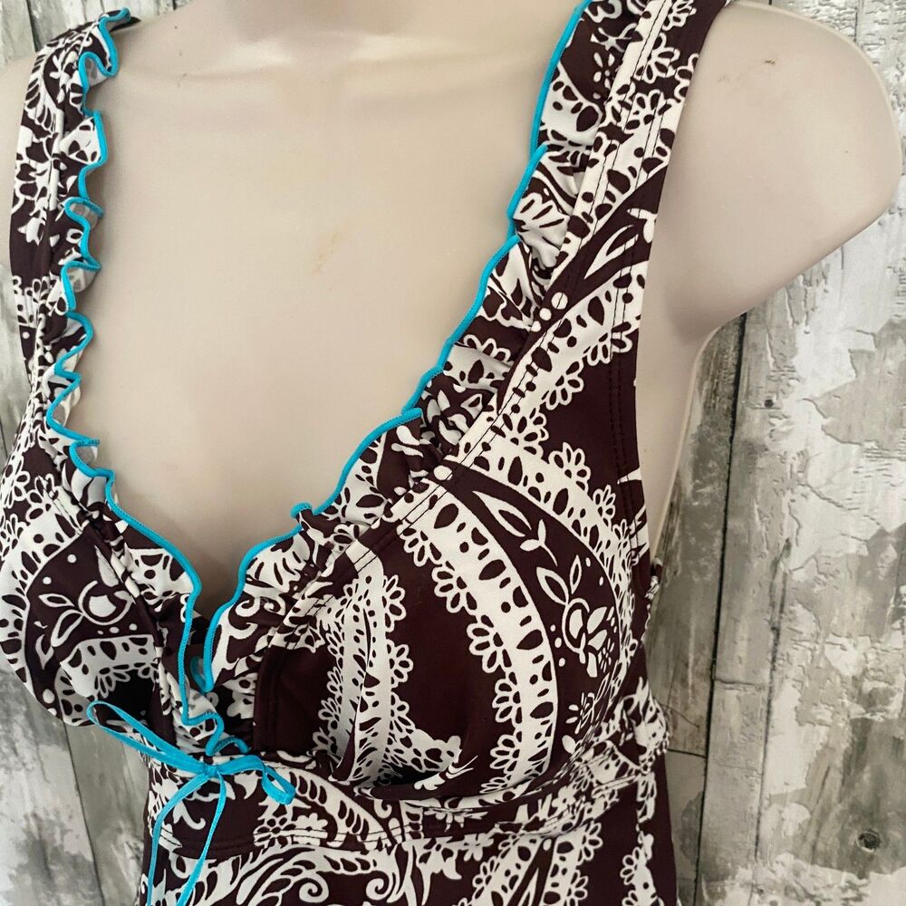 Kim Roger brown paisley print tankini top with blue trim L - Picture 3 of 7